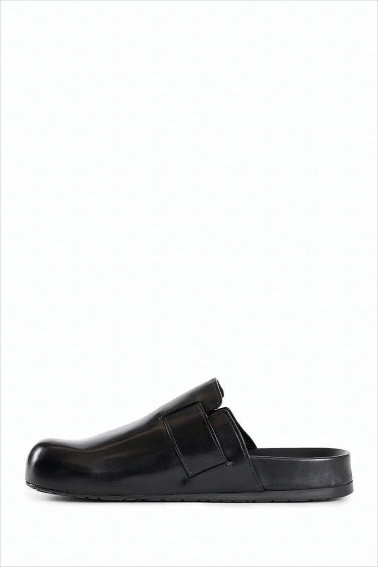 Black Calf Leather Mule with Silver Buckle Detail