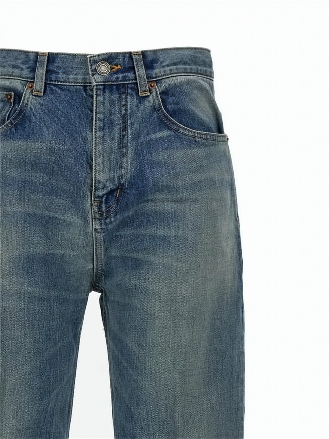 Mid-Blue Straight-Leg Denim Pants with Whiskering Details