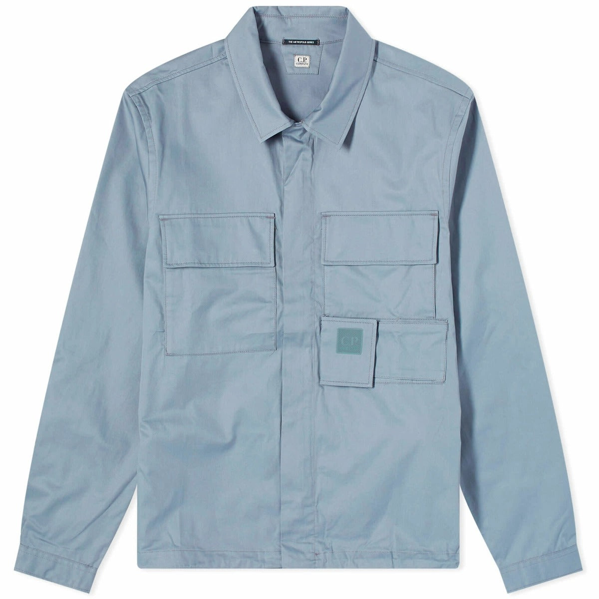 Light Blue Minimalist Jacket With Structured Collar And Flap Pockets