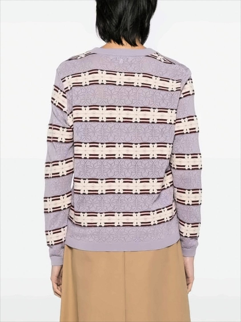 Lilac Striped Textured Knit Cardigan With V-Neckline