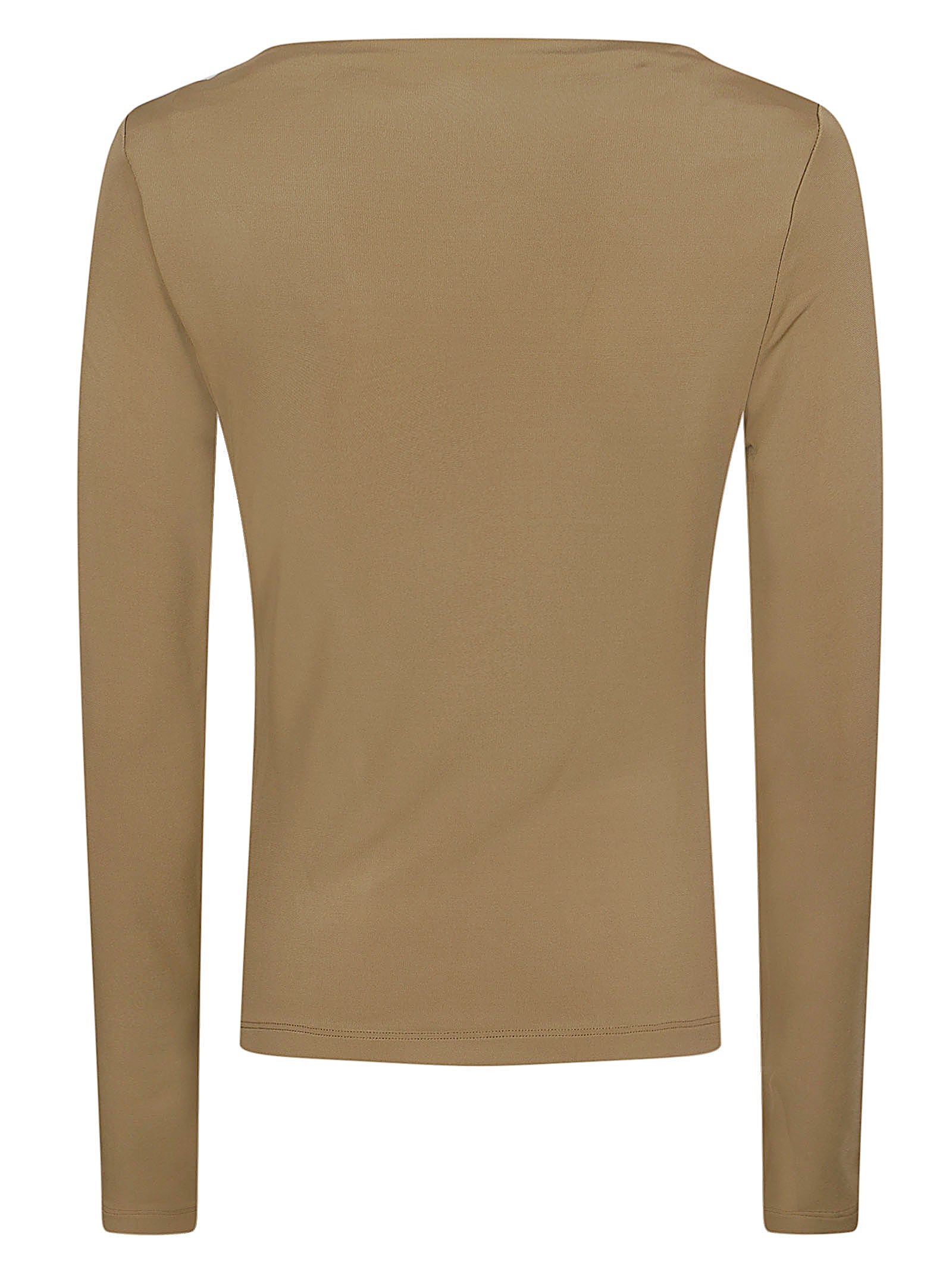Fitted Long-Sleeved Top with Subtle Boat Neckline and Ruching Detail