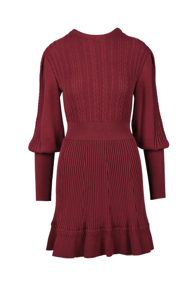 Knit Dress with Puff Sleeves - Red