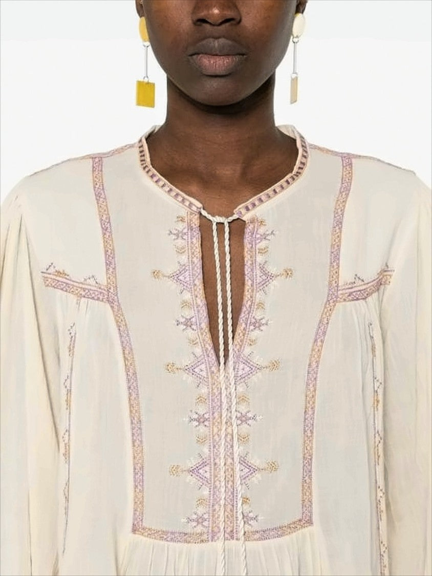 Geometric Embroidered Cotton Blouse with Puffed Sleeves