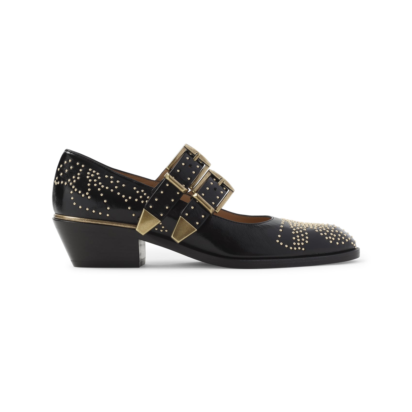 Pointed Toe Pumps with Gold Buckle Accents