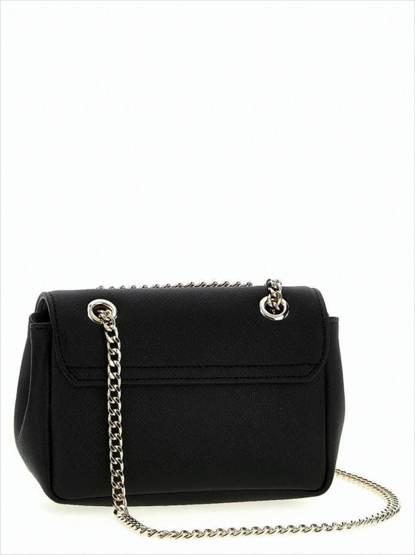 Structured Black Crossbody Bag with Metallic Orb Emblem