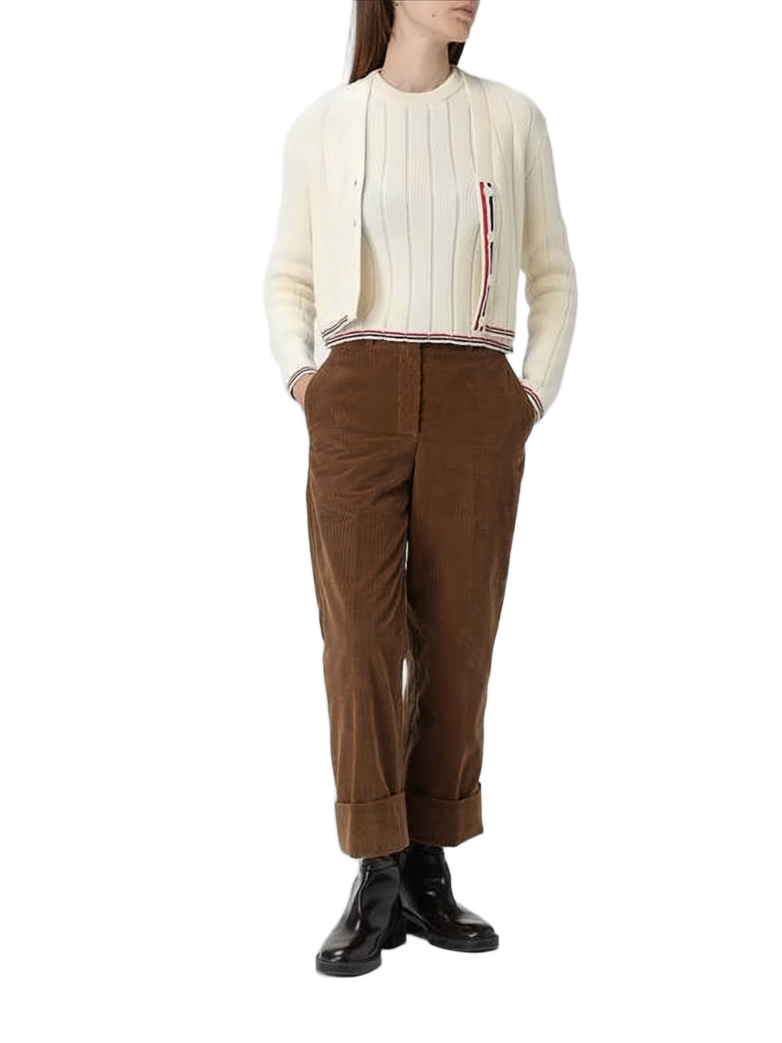 Cropped Ribbed Knit Sweater with Tricolor Details