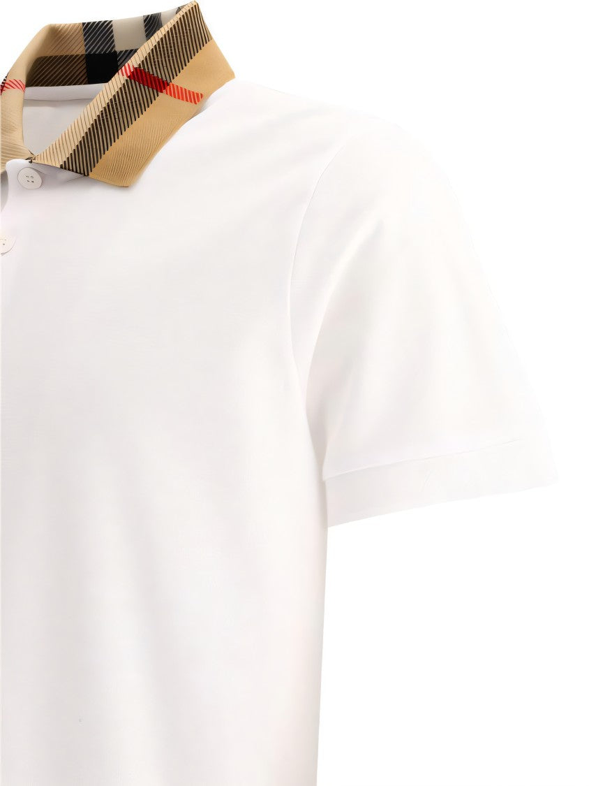 Check-Collar White Polo Shirt with Three-Button Placket