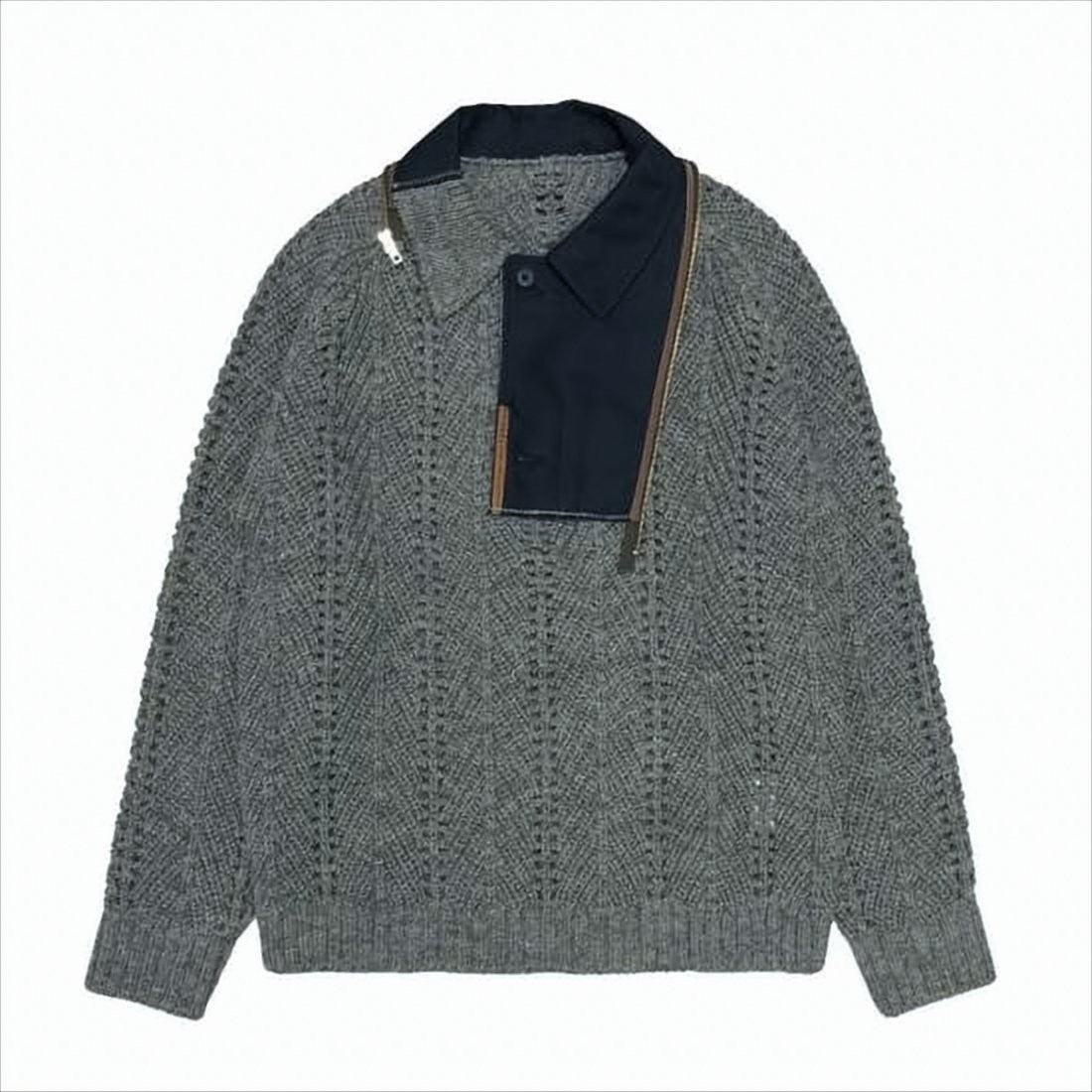Textured Knit Wool Pullover with Unique Collar