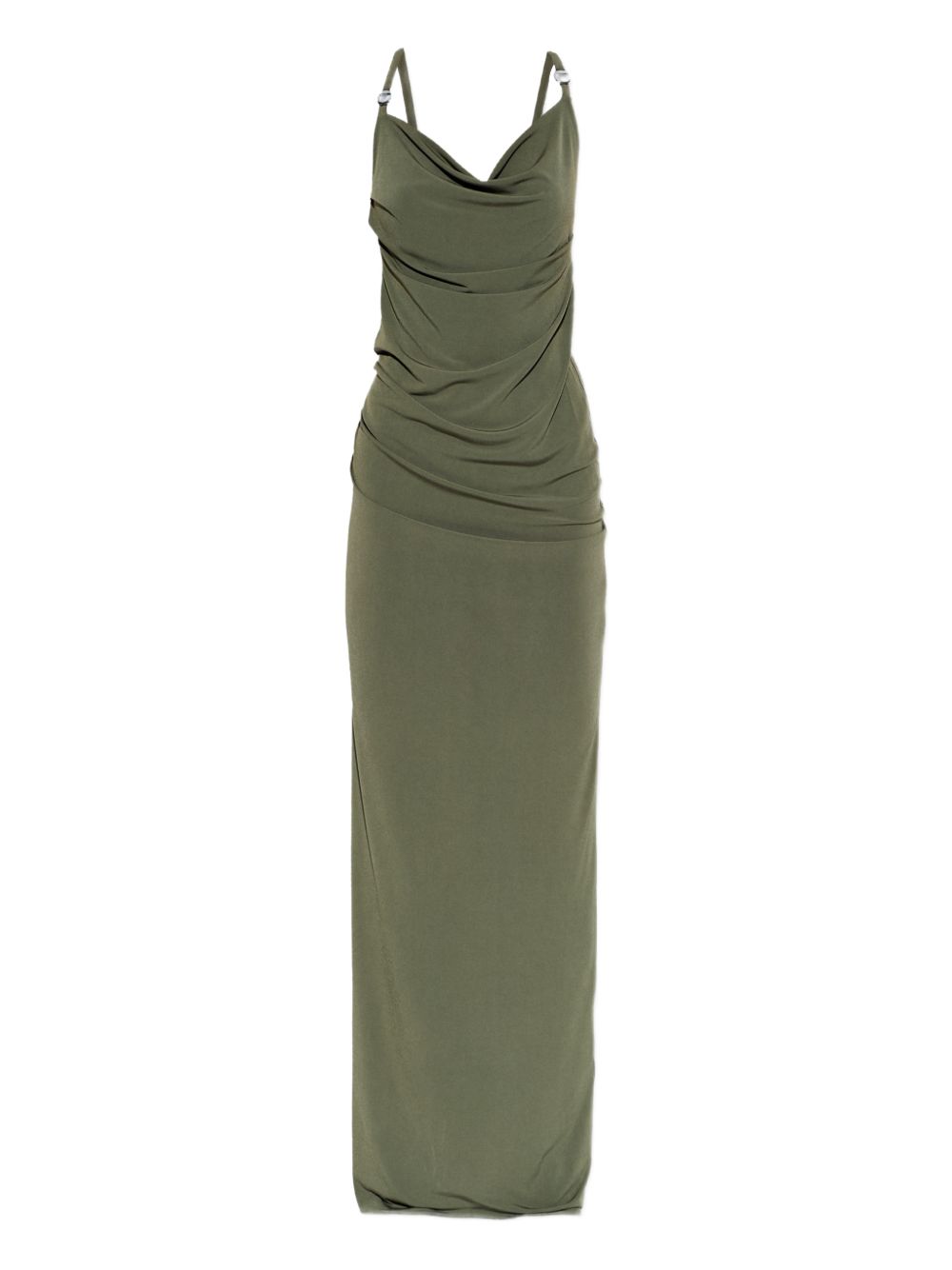 Long Draped Cowl Neck Maxi Dress With Open Back Detail