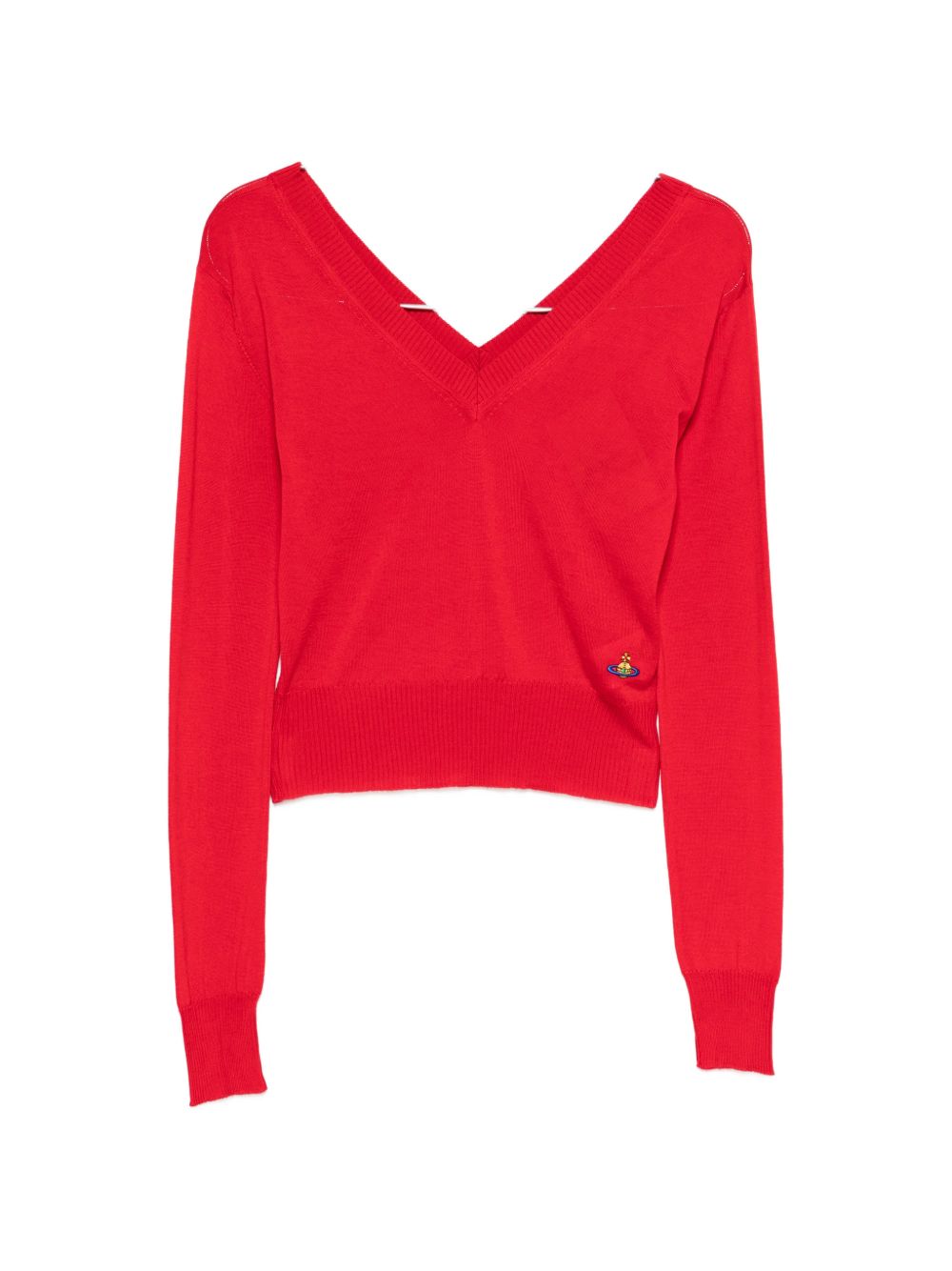 Fitted Red Sweater With Deep V-Neckline And Ribbed Cuffs