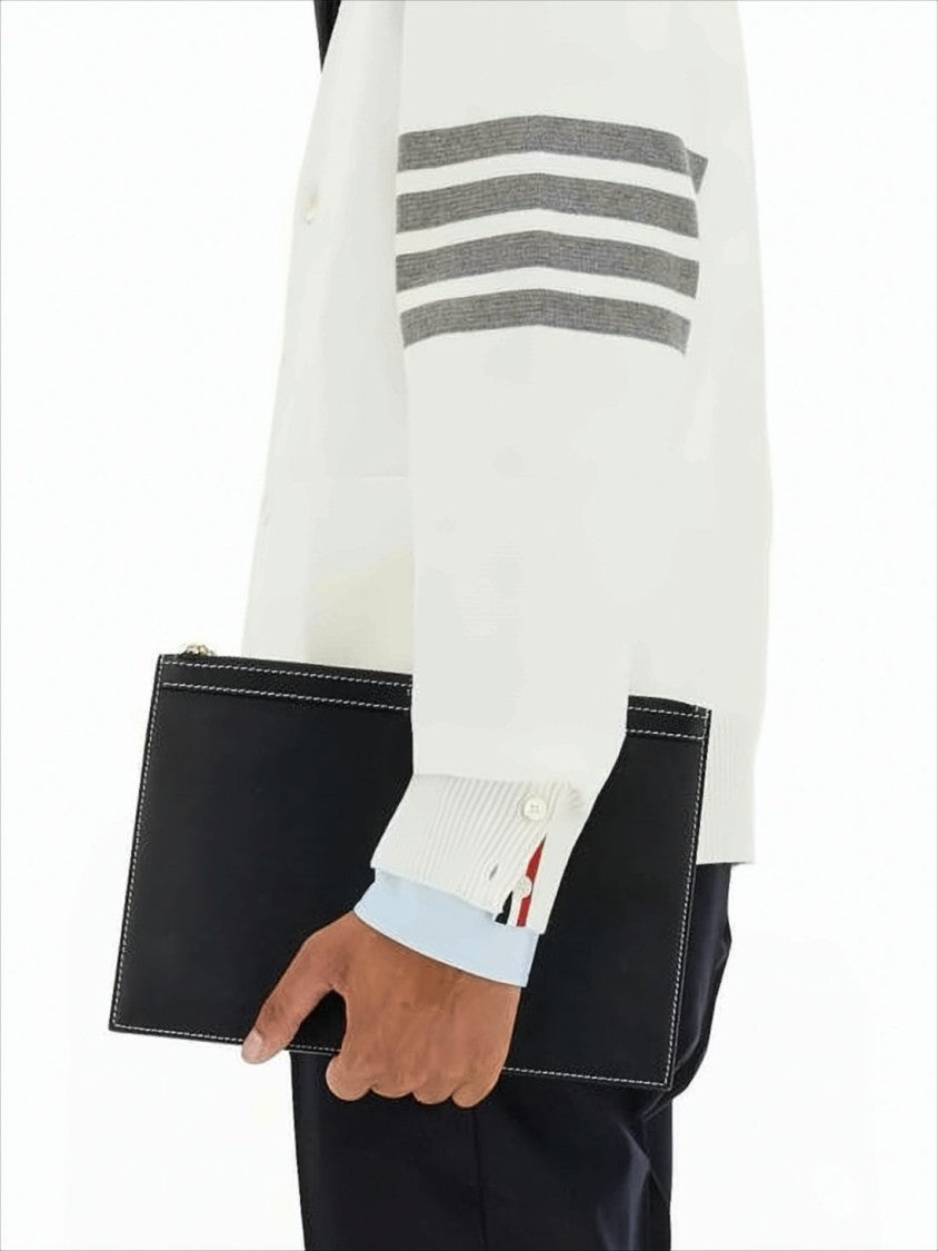 Minimalist White Cotton Cardigan with Ribbed Cuffs and Tricolor Detail