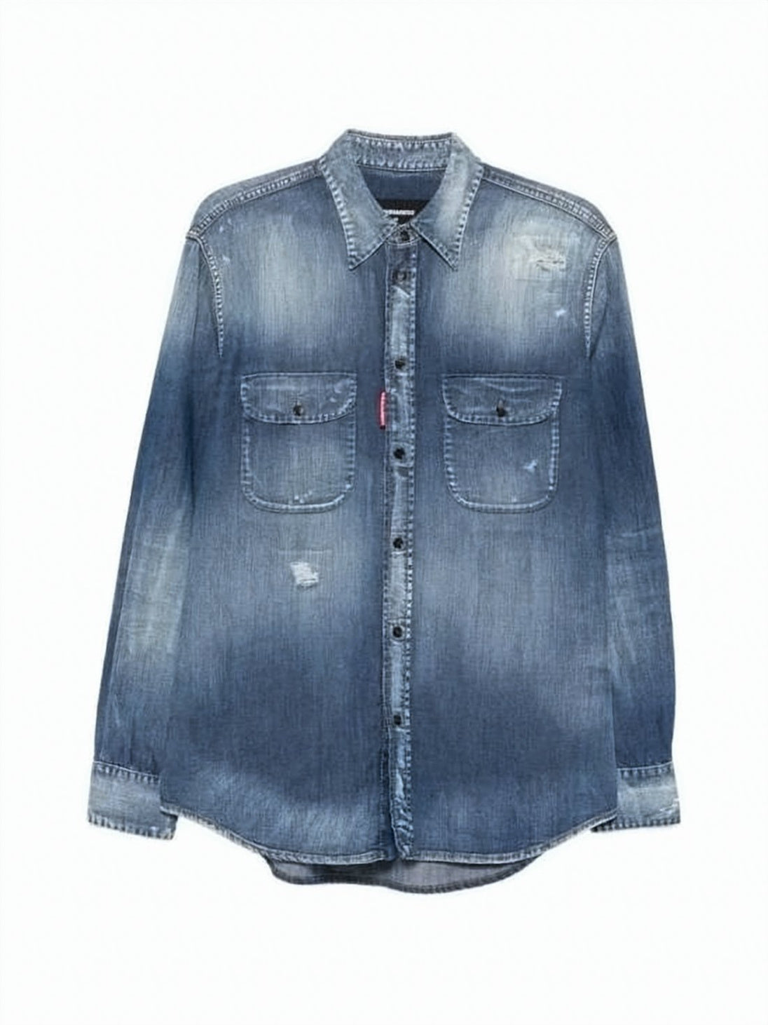 Blue Long-Sleeve Distressed Wash Denim Shirt