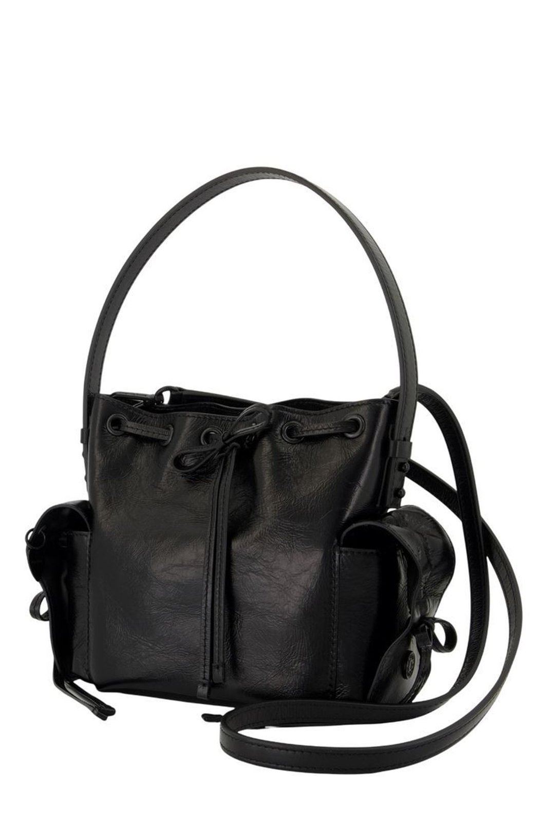 Gathered Drawstring Shoulder Bag in Glossy Calf Leather