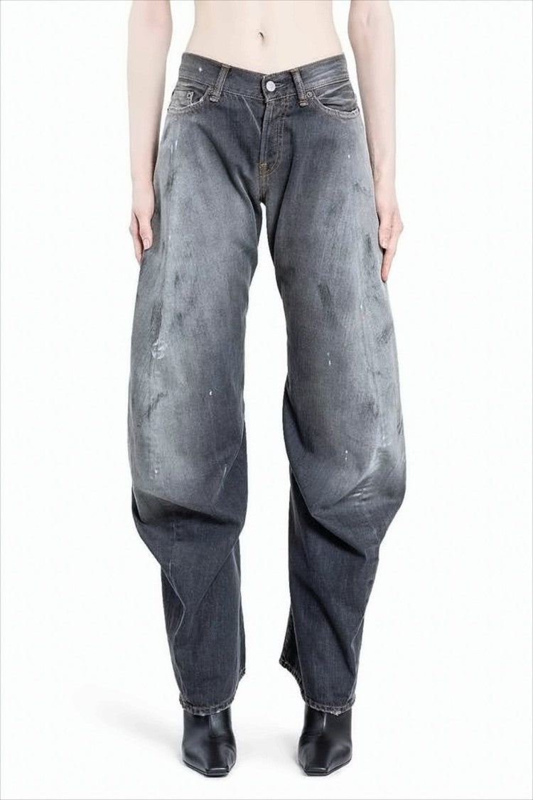 Wide-Leg Black Denim Pants with Distressed Finish
