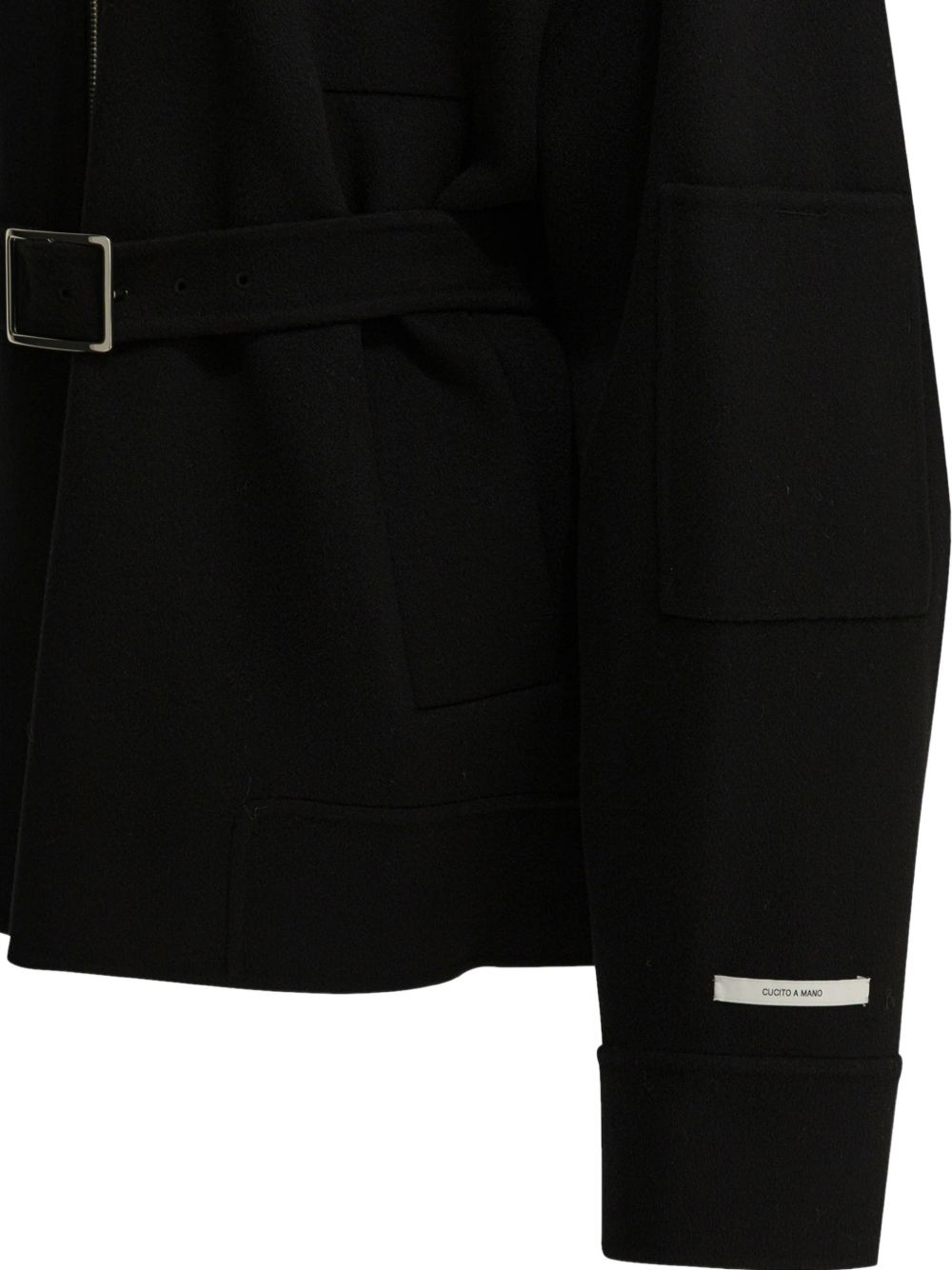 Belted Black Jacket with High Collar
