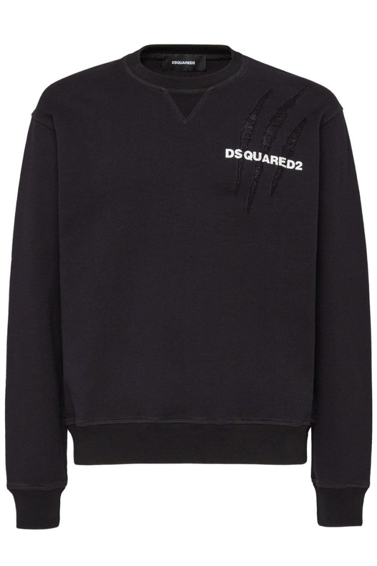 Distressed Black Cotton Sweatshirt With Iconic Branding