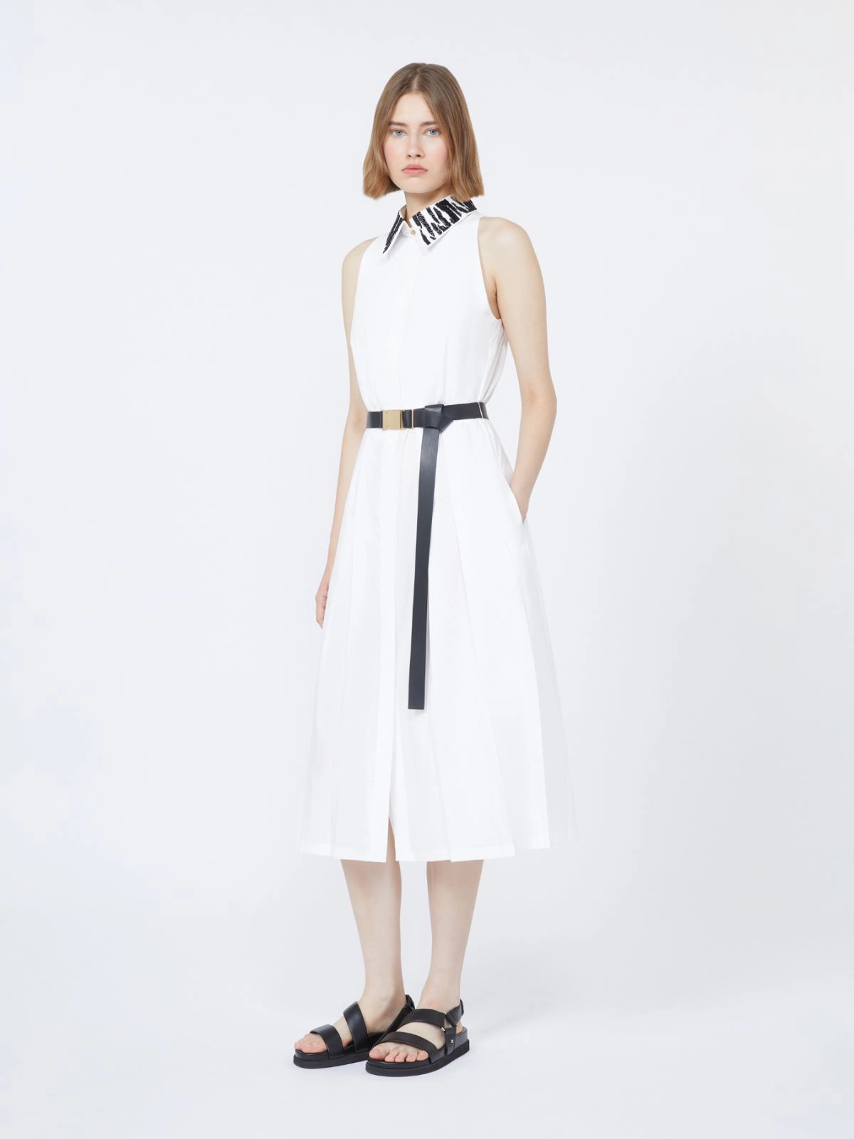 Sleeveless Midi Dress with Pointed Collar