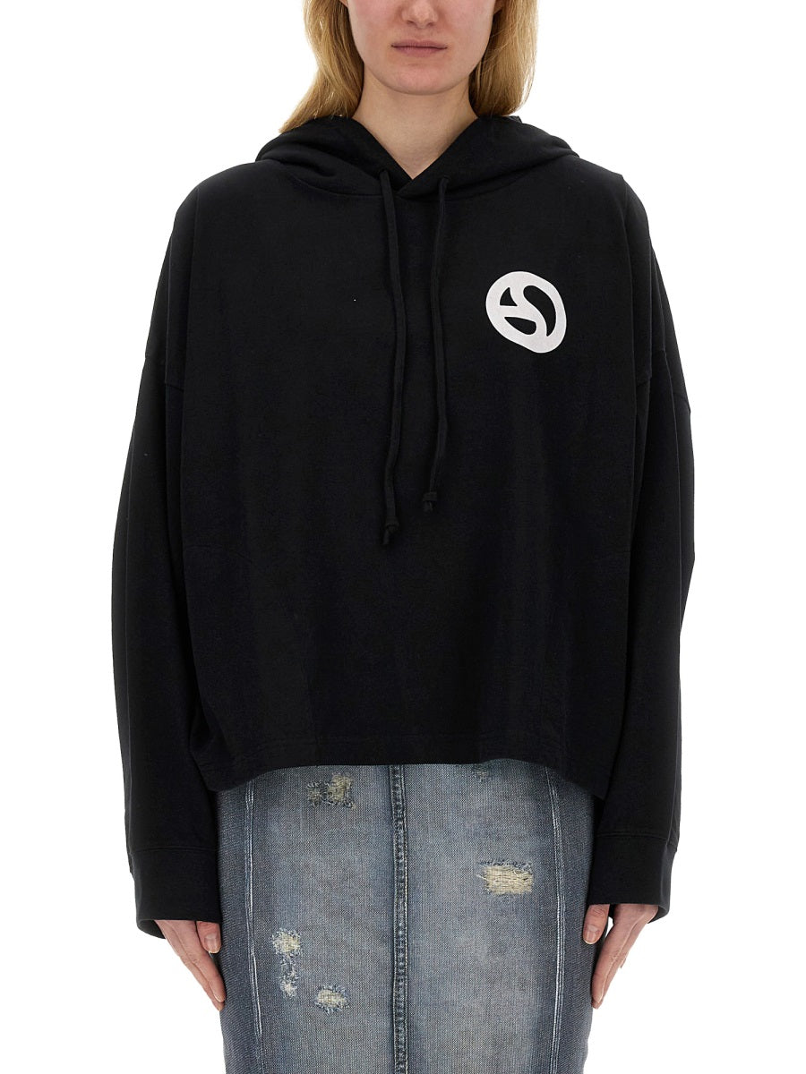 Cropped Boxy Hoodie With Drawstring And Graphic Accent