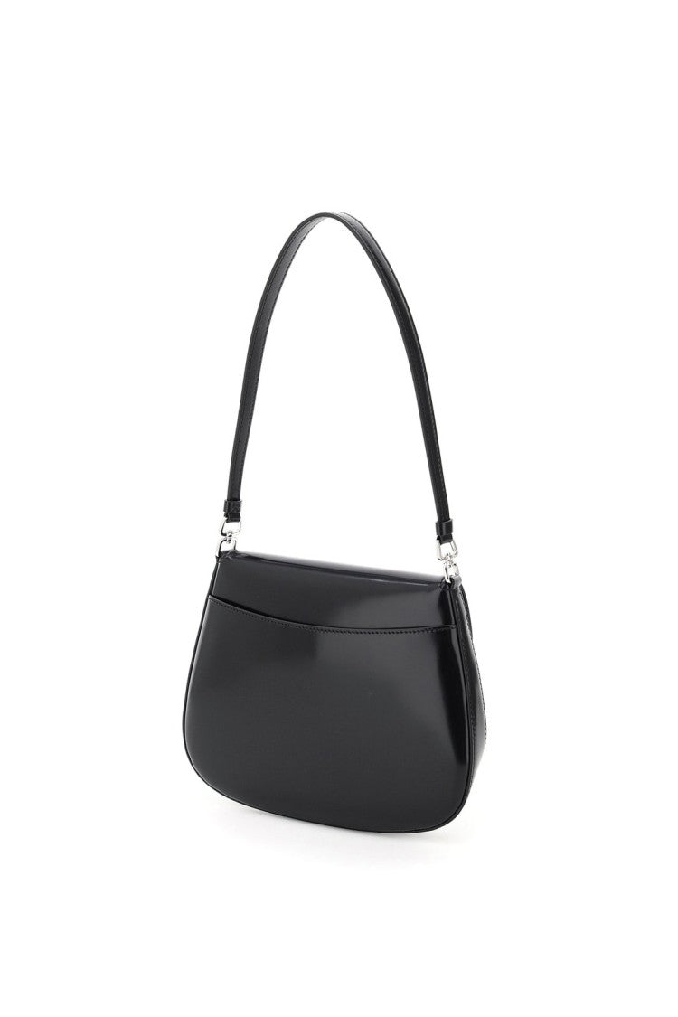 Curved Black Cow Leather Shoulder Bag with Triangular Logo Plaque