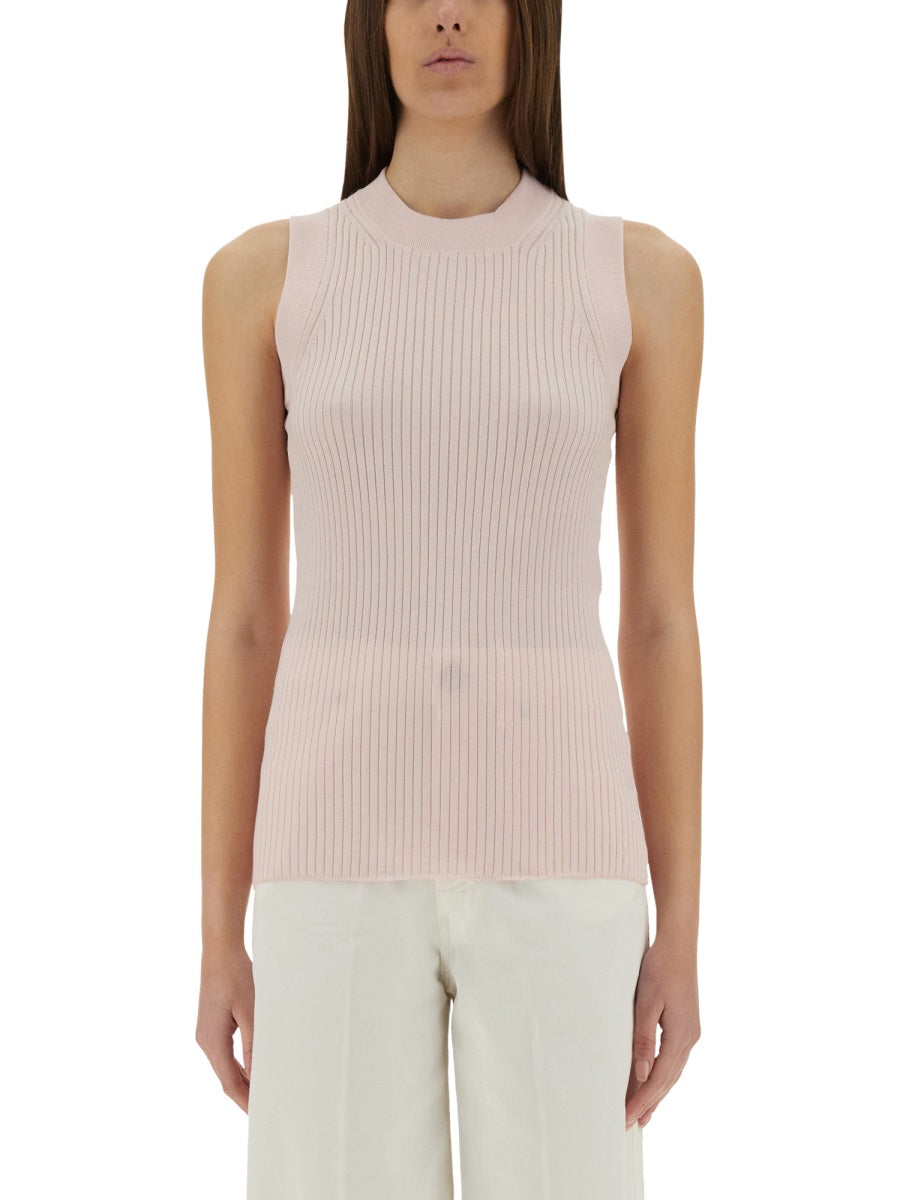 Ribbed Sleeveless Top With High Round Neckline