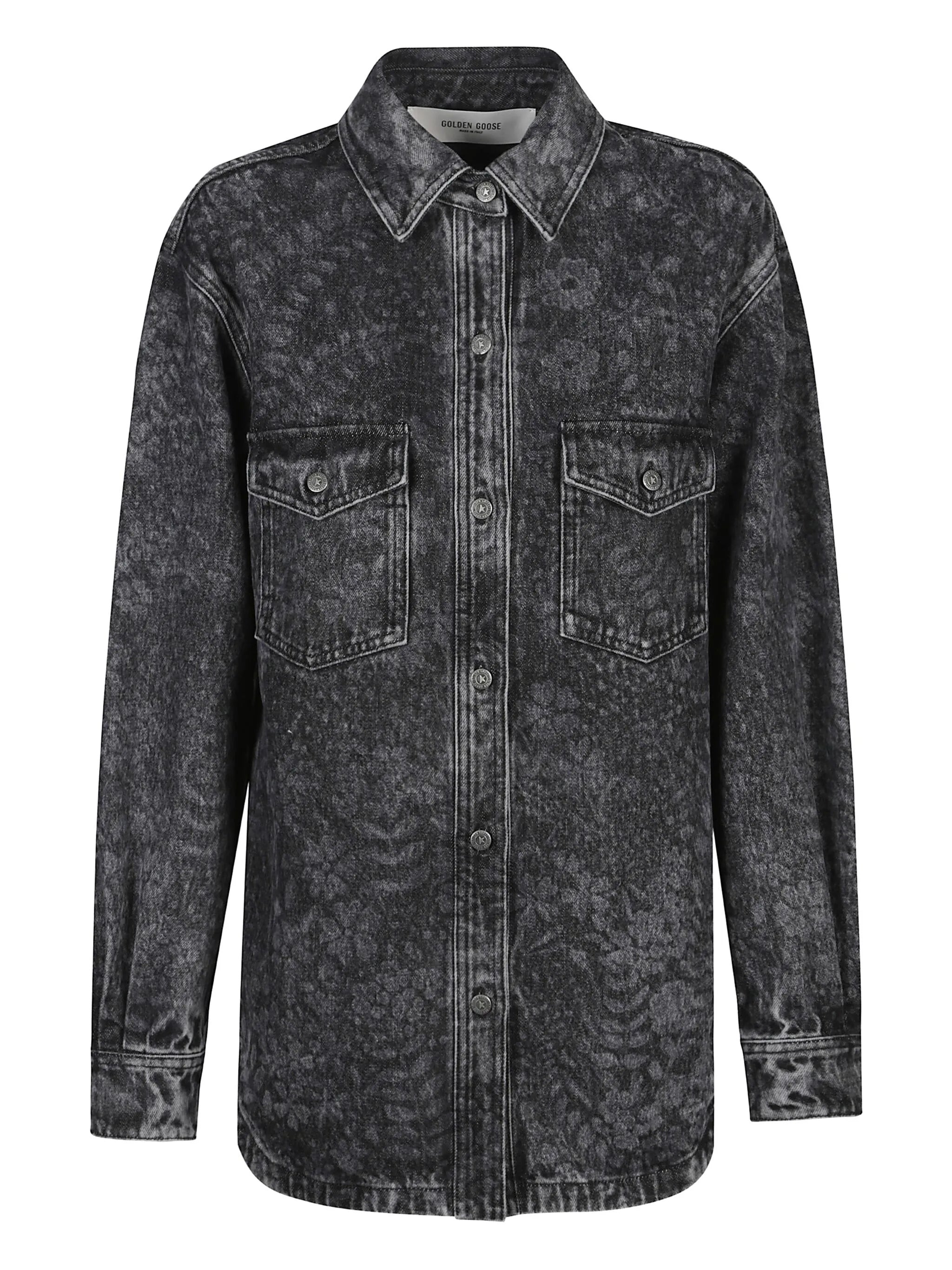 Washed Black Denim Floral Pattern Shirt