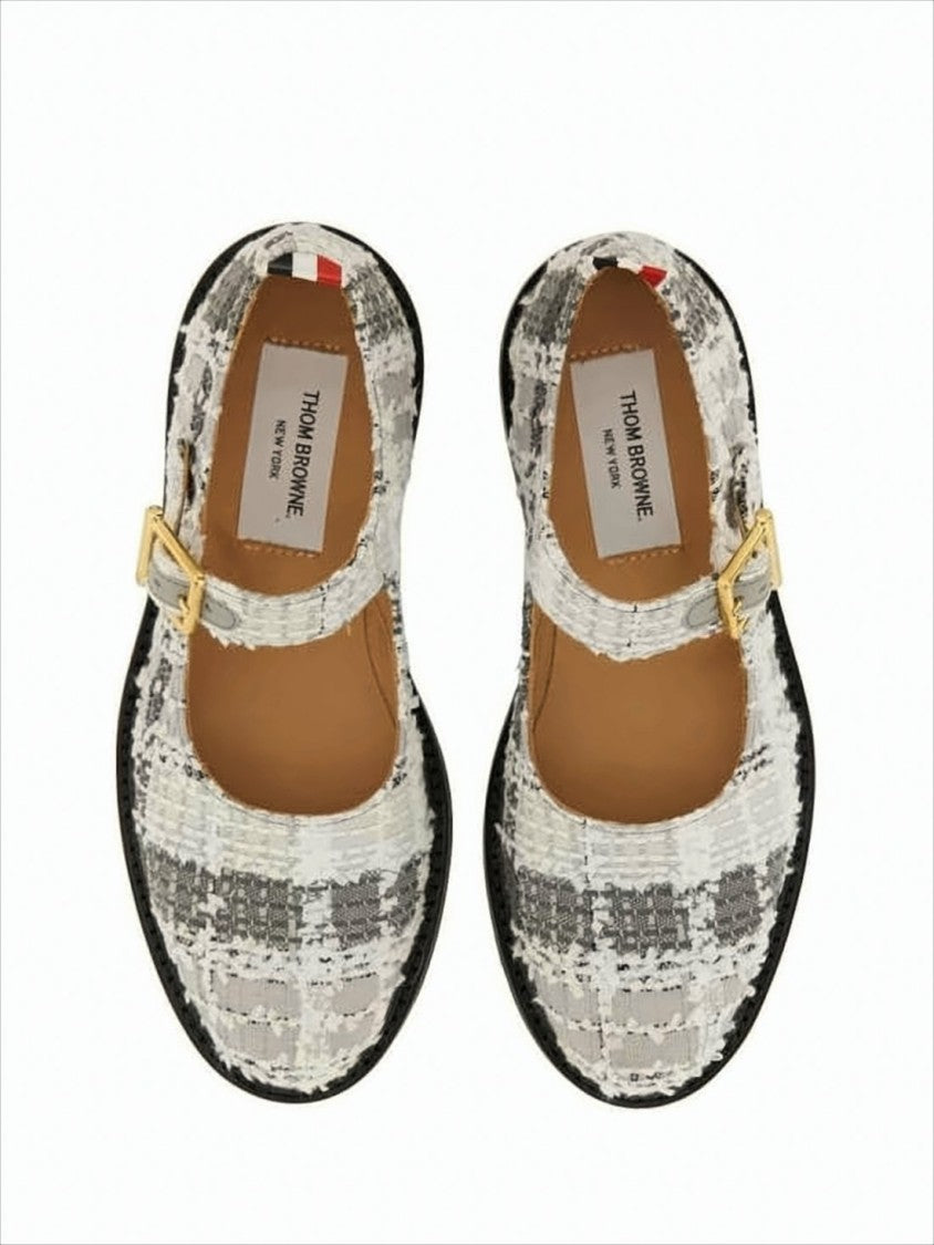 Textured Fabric Mary Jane Flats with Gold-tone Buckle