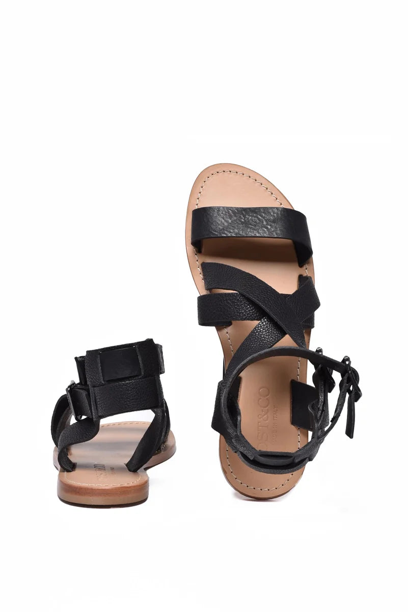 Leather Sandal with Strap - Black