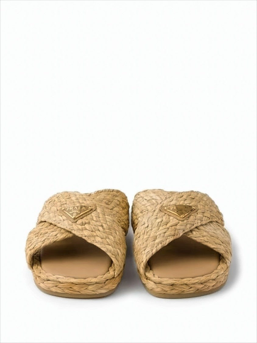 Woven Raffia Slip-On Mules With Triangular Logo Accent