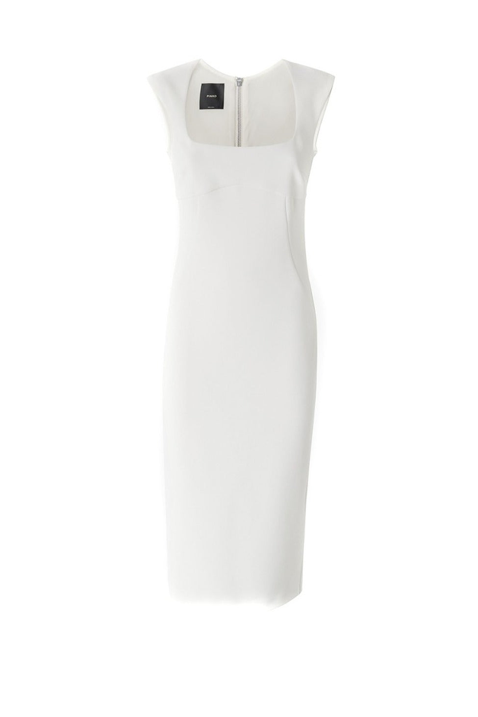 Fitted White Midi Dress With Square Neckline And Cap Sleeves