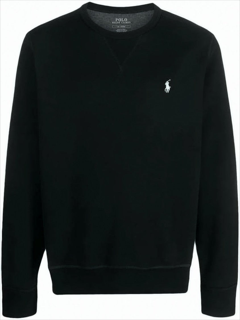 Black Crewneck Sweater with Embroidered Logo and Ribbed Hem