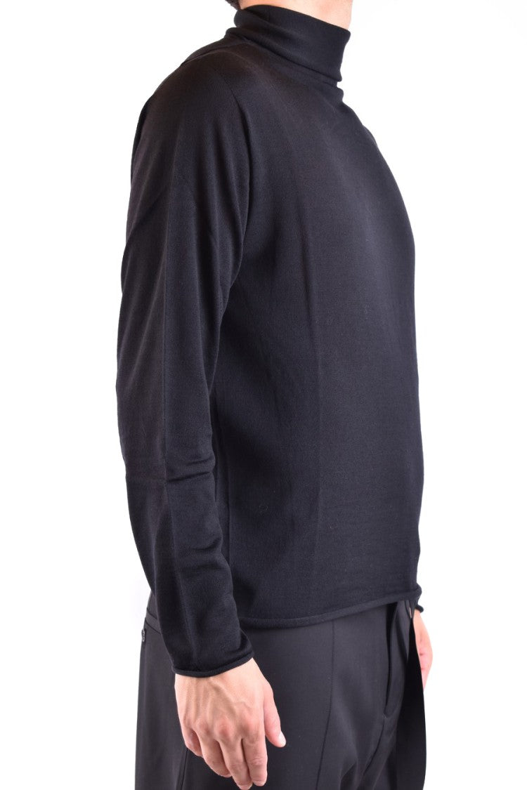 High Turtleneck Black Wool Sweater With Design