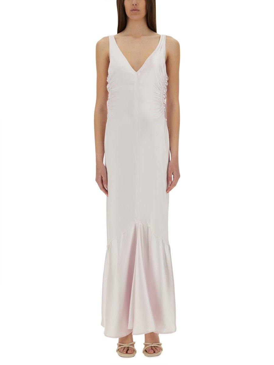Long Dress With Deep V-Neckline And Flared Hem