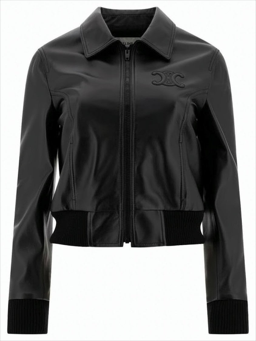 Cropped Lamb Leather Jacket with Classic Collar and Fitted Design