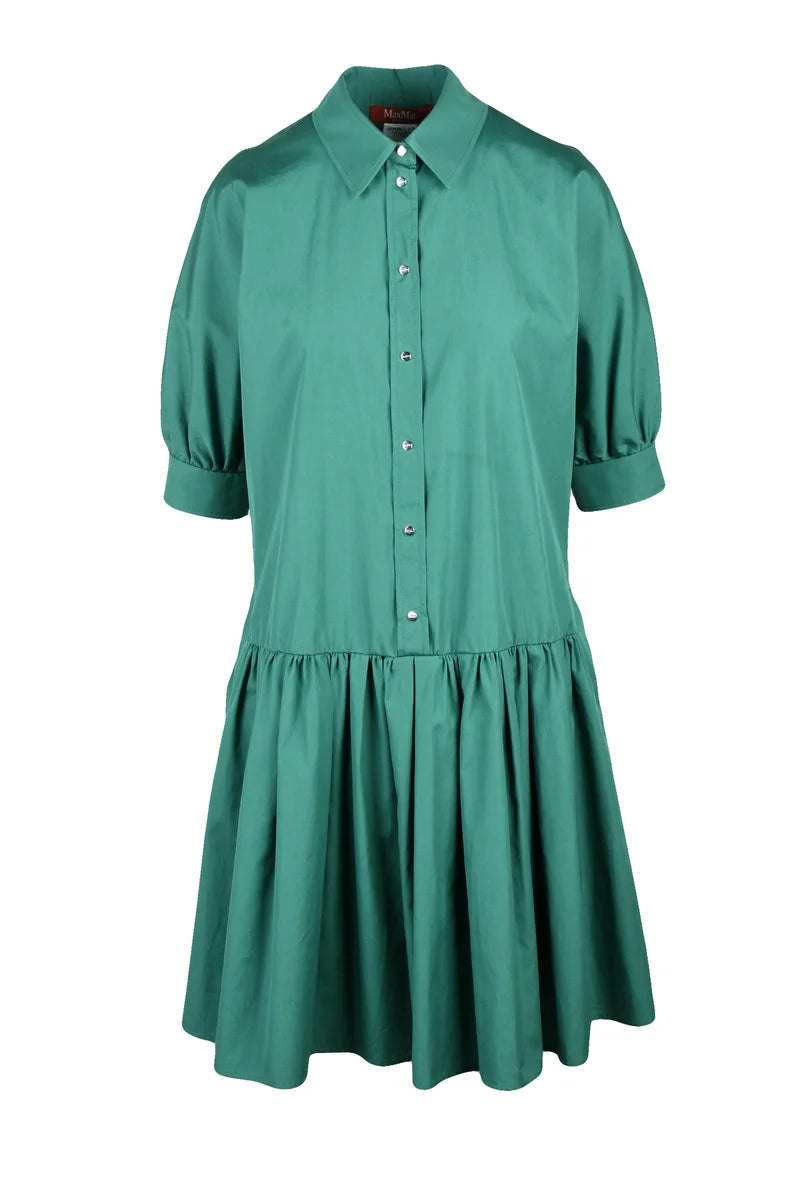 Flared Button-Down Dress with Puff Sleeves