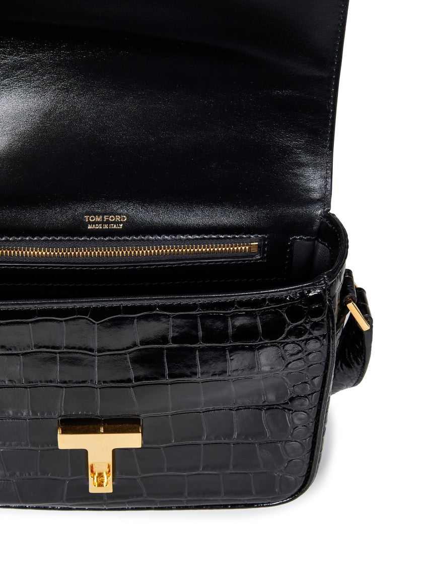 Black Crocodile-Print Leather Small Shoulder Bag