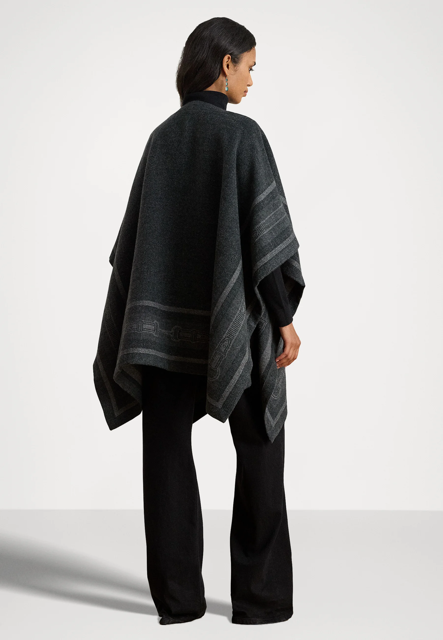 Jacquard-Patterned Black Poncho With Elegant Closure