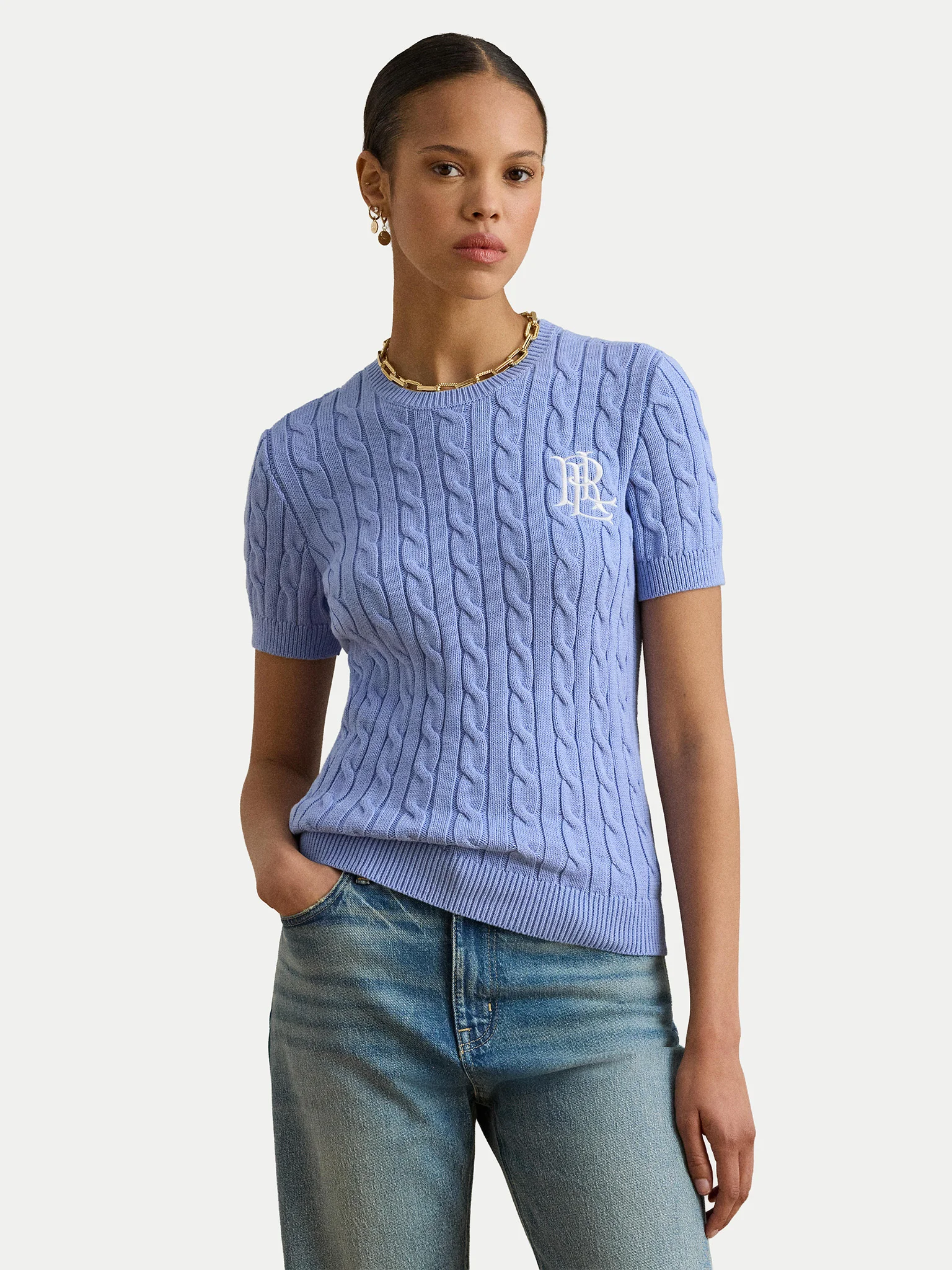 Light Blue Eyelah Linen Pullover Knit Top