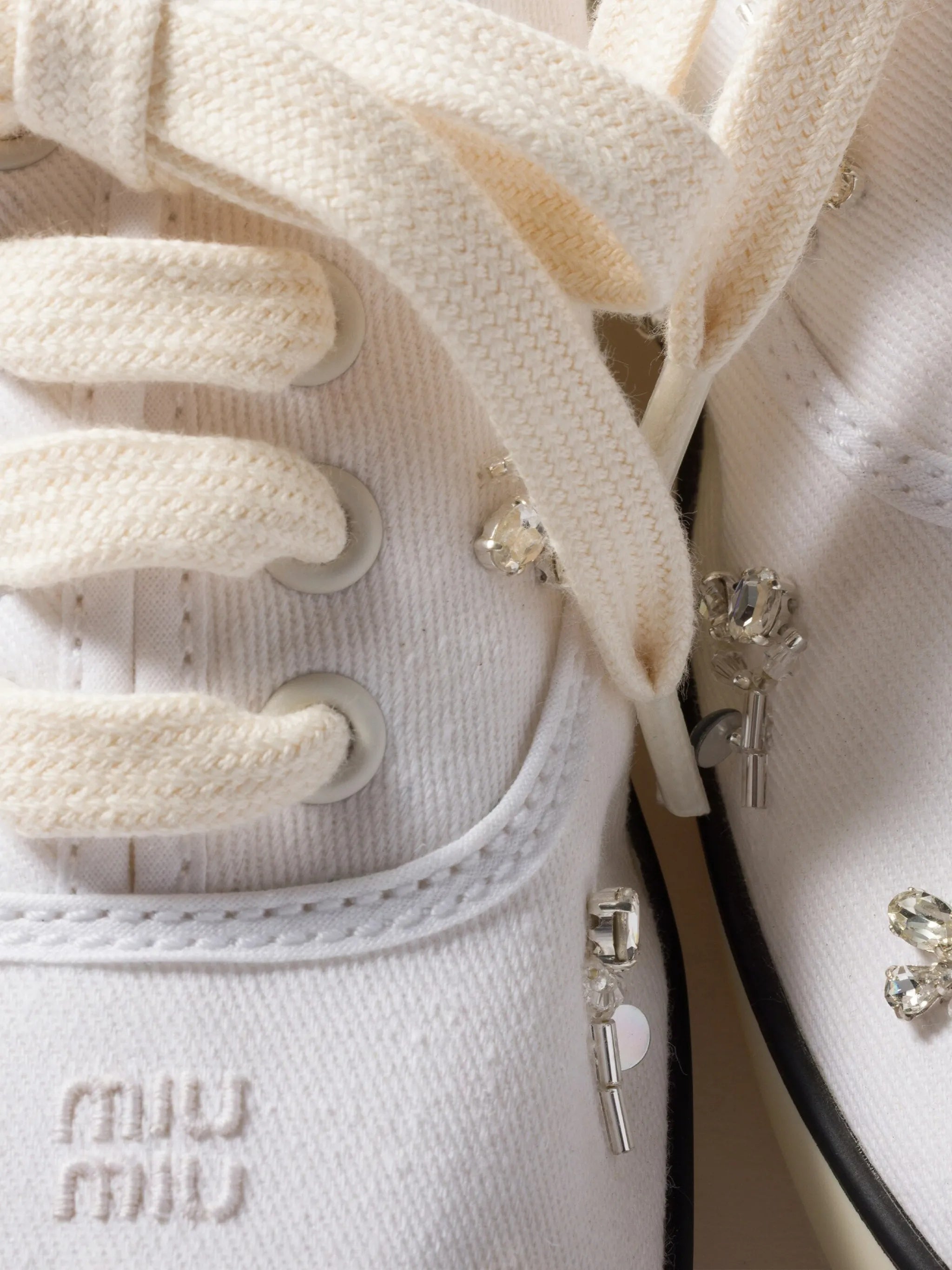 White Low-Profile Crystal-Embellished Canvas Sneakers