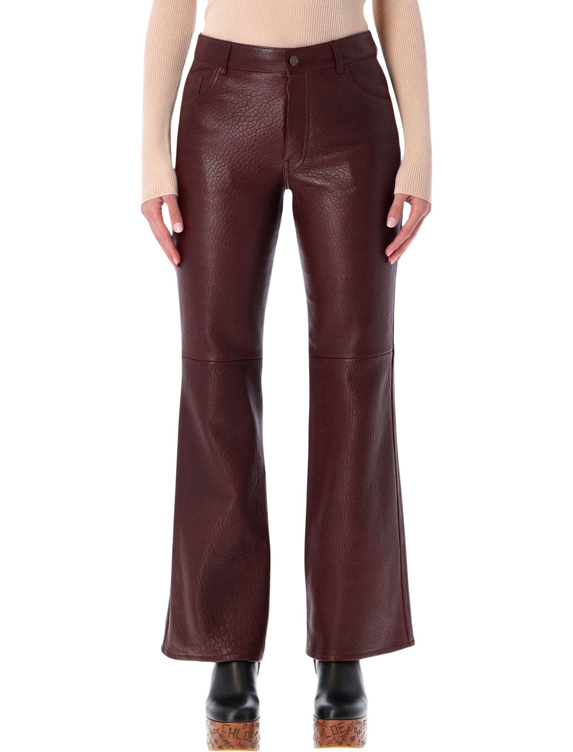 Chloé Flared Textured Lambskin Leather Trousers