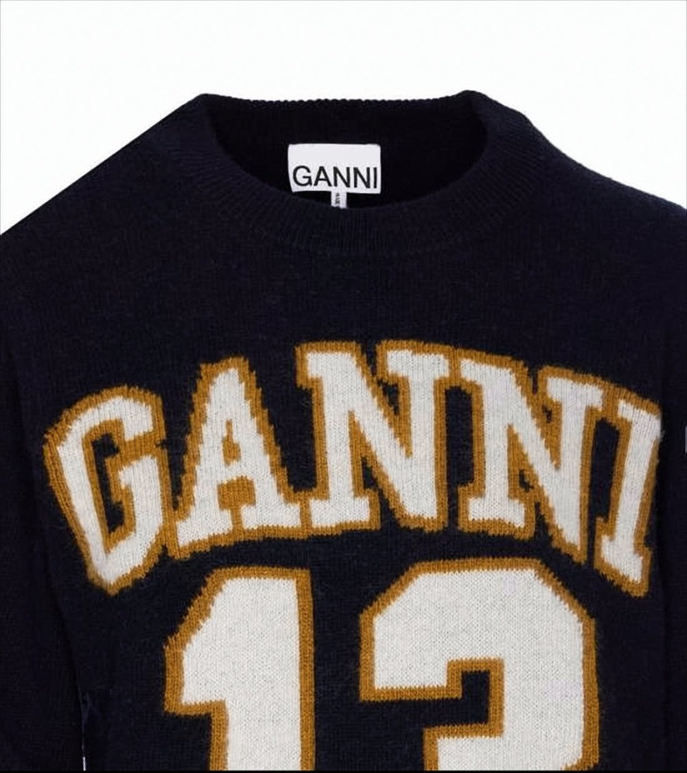 Varsity-Style Black Knit Sweater With Crew Neckline