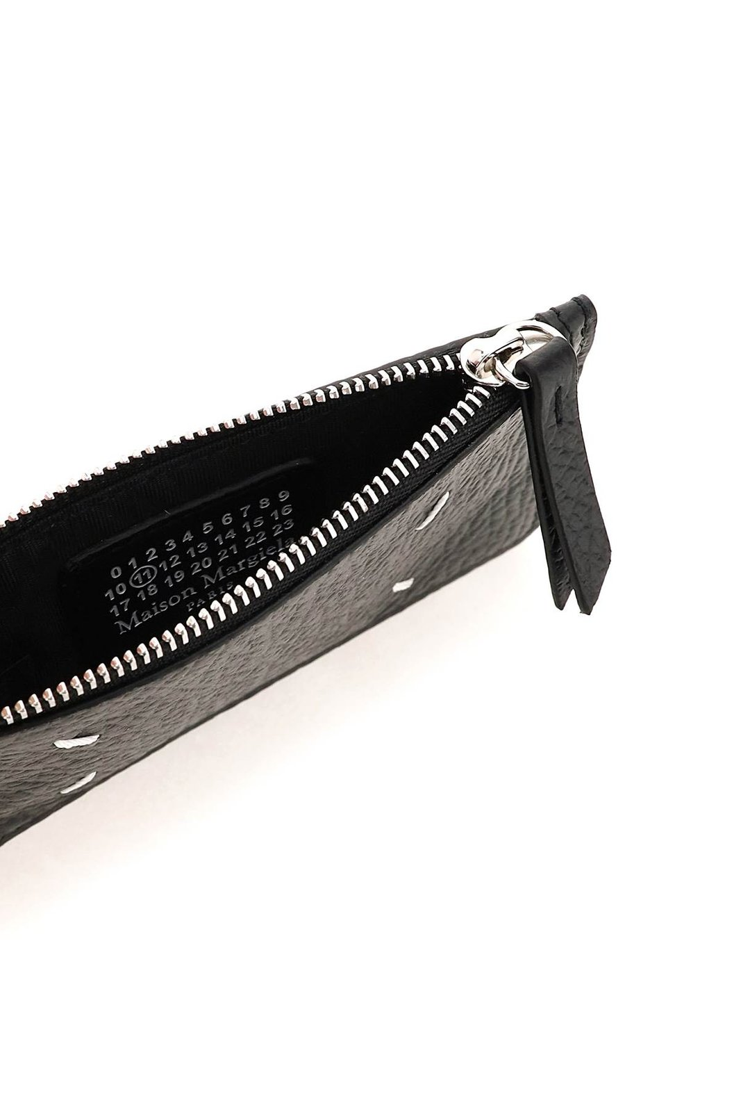 Textured Black Card Wallet With Zip Closure And Stitch Accents
