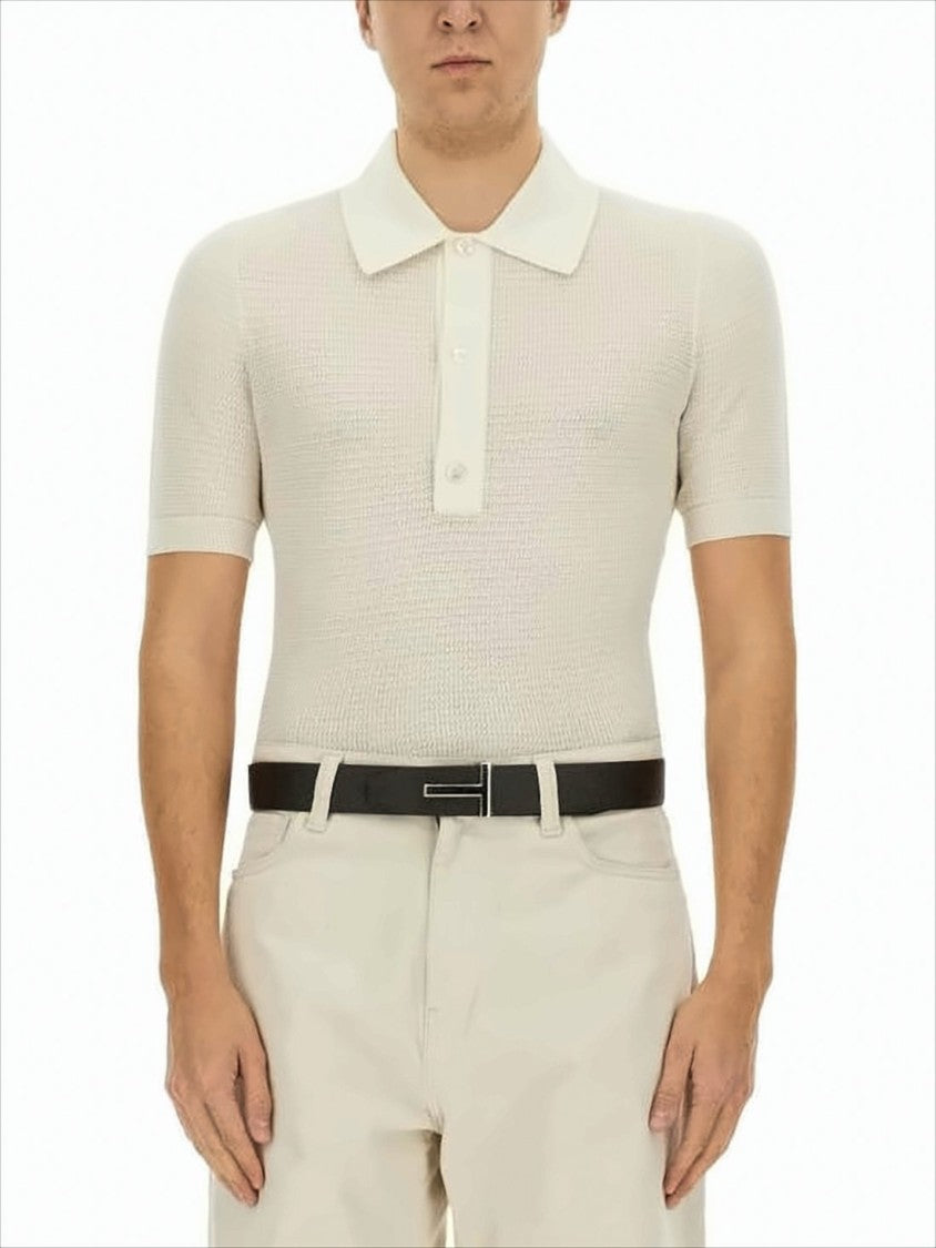 Textured Knit Polo Shirt with Three-Button Placket