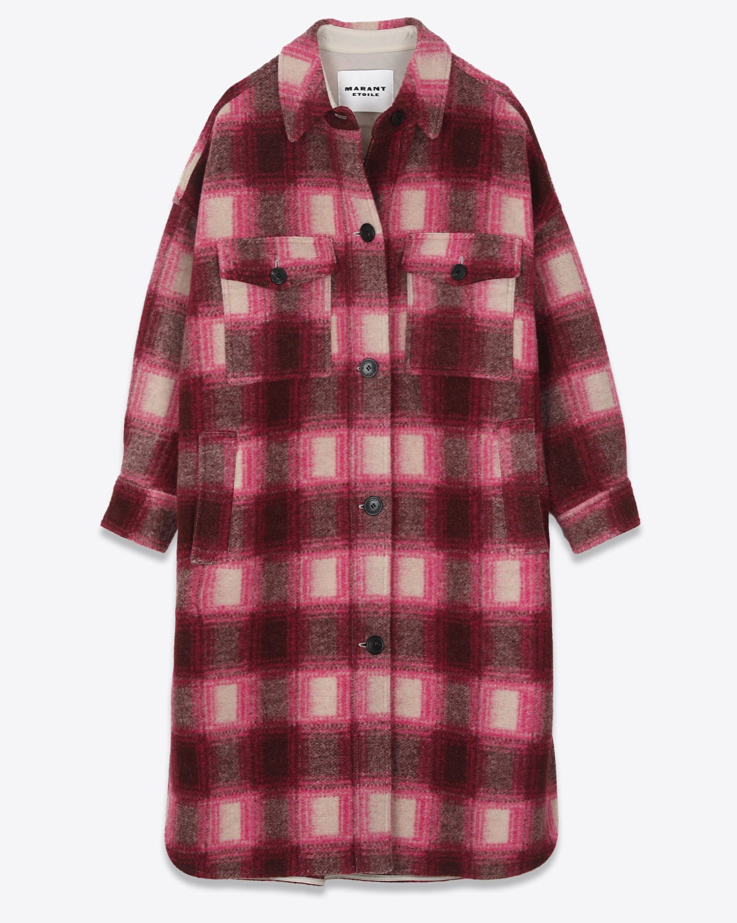 Burgundy Checkered Coat with Button-Down Front