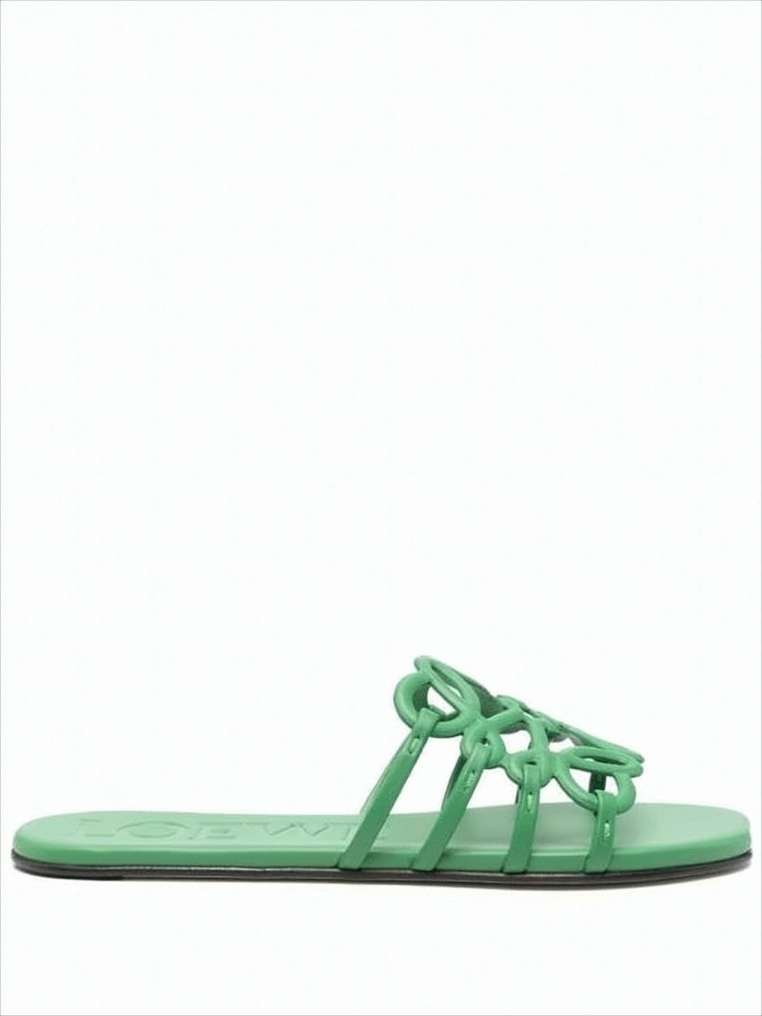 Intricate Loop Strap Green Calf Leather Slide Sandals