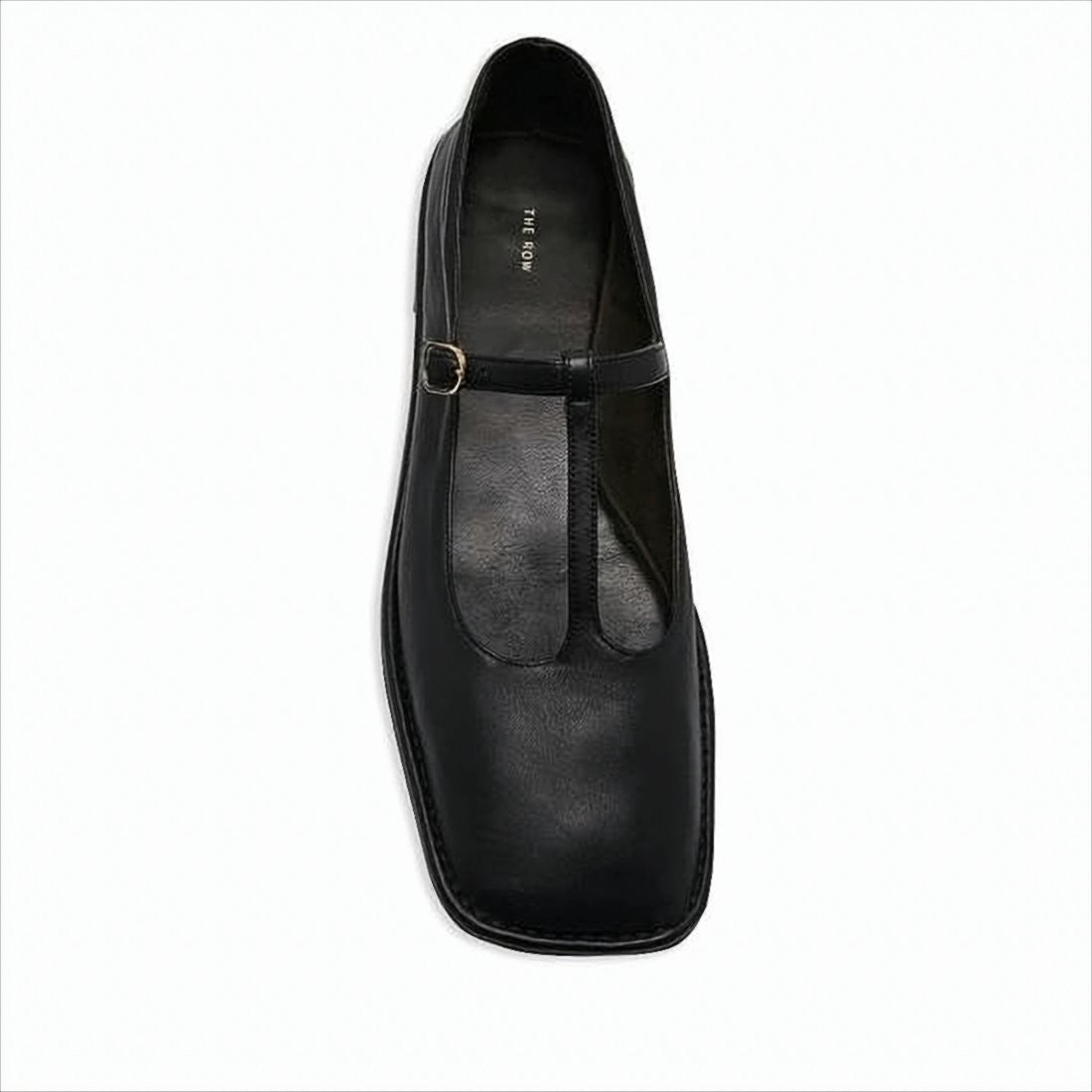 Pointed T-Strap Flat Shoes in Smooth Lamb Leather