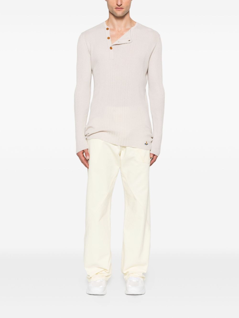 Button Placket Ribbed Sweater with Logo Detail