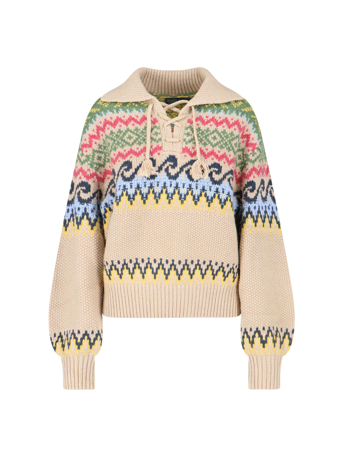 Beige Fair-Isle Lace-Up Sweater
