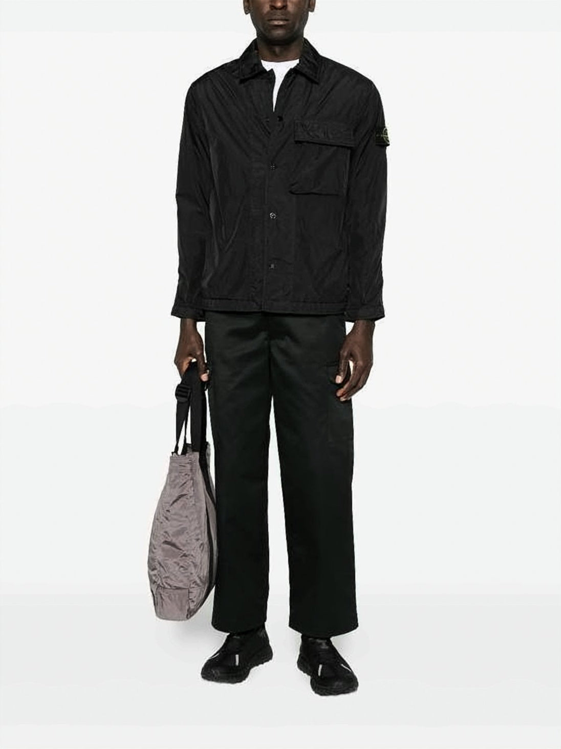 Black Minimalist Technical Jacket with Flap Pocket and Iconic Patch