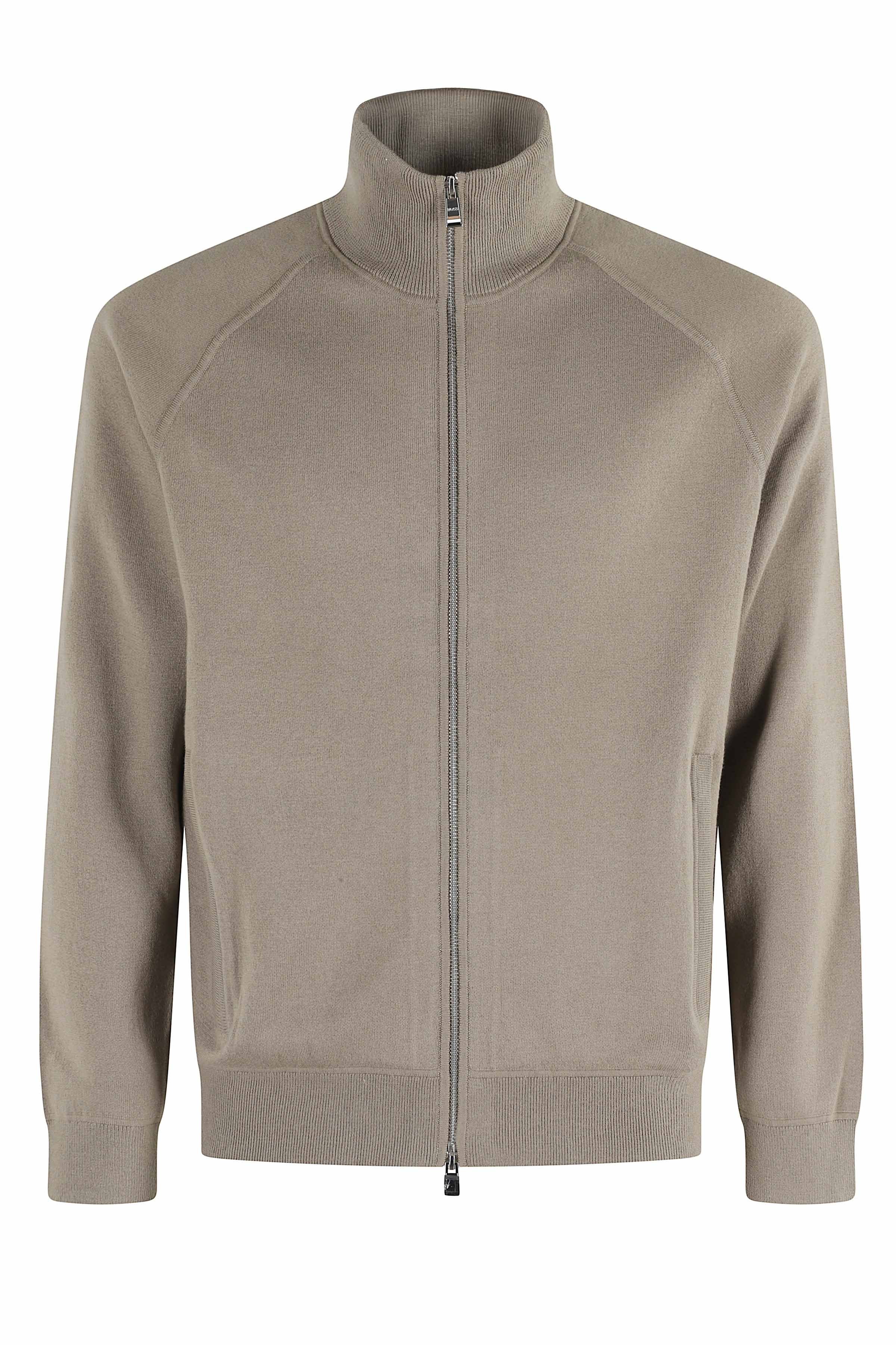 Front-Zip High Neck Cardigan with Ribbed Detailing