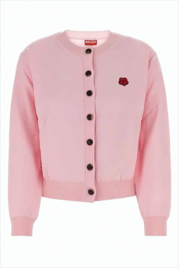 Cropped Soft Pink Wool Cardigan With Embroidered Rose Detail